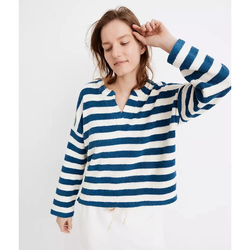 Madewell MWL Blue White Stripe Loop Terry Cloth Notched Sweatshirt Women's XXL